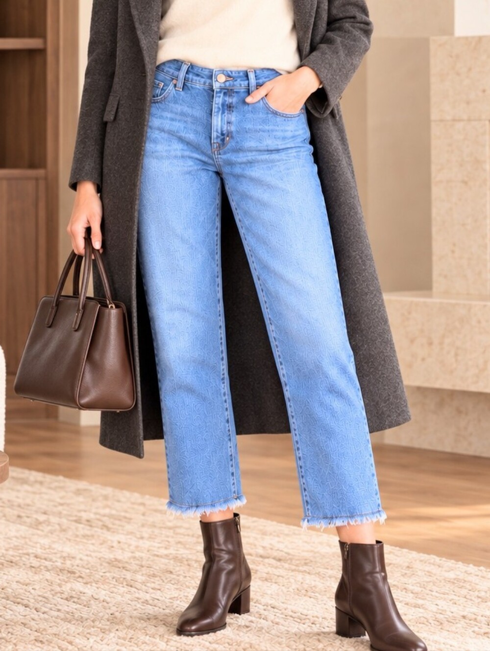 Eileen Fisher S18BD Organic Cotton Boyfriend Crop Jeans Blue Raw Hem 8